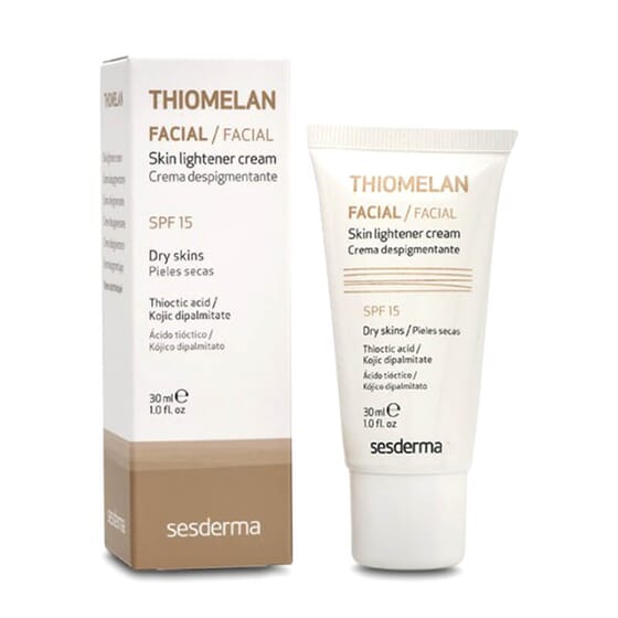 Thiomelan Crème Dépigmentante SPF 15+ réduit la pigmentation de la peau.