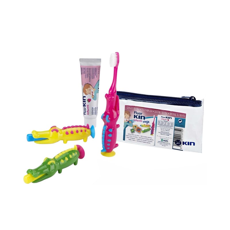 FLUOR KIN INFANTIL VIAJE CEPILLO + PASTA DENTÍFRICA FRESA 1 Packs