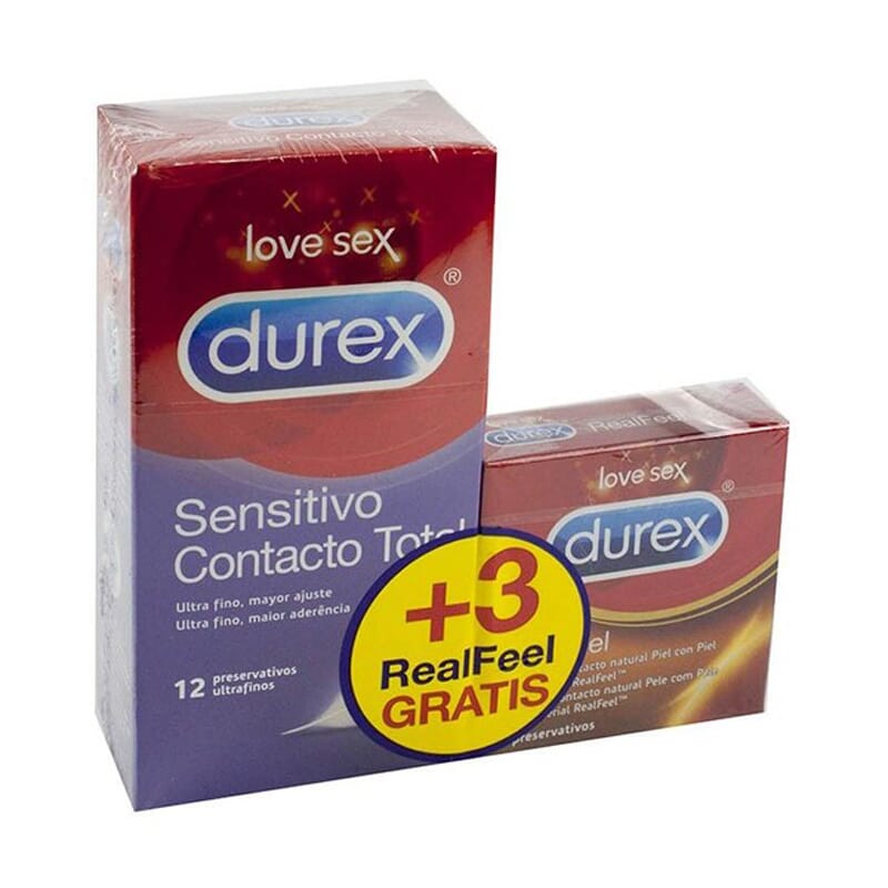 DUREX SENSITIVO CONTACTO TOTAL 12 Ud + DUREX REAL FEEL 3 ud GRATIS