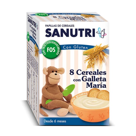 Sanutri 8 Cereales Galleta María FOS es una papilla de cereales ideal para los más pequeños.