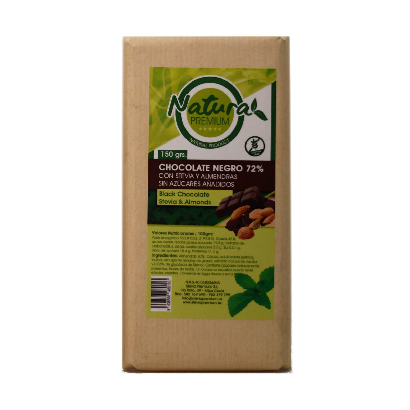 Zartbitterschokolade 72% Stevia & Mandeln 150g