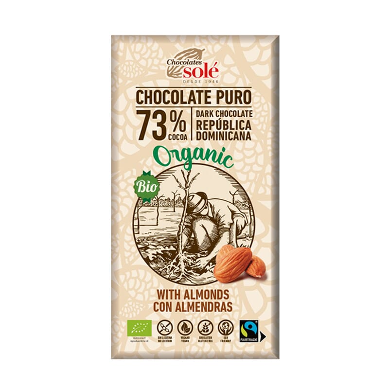 Donkere chocolade 73% met amandelen Bio 150g