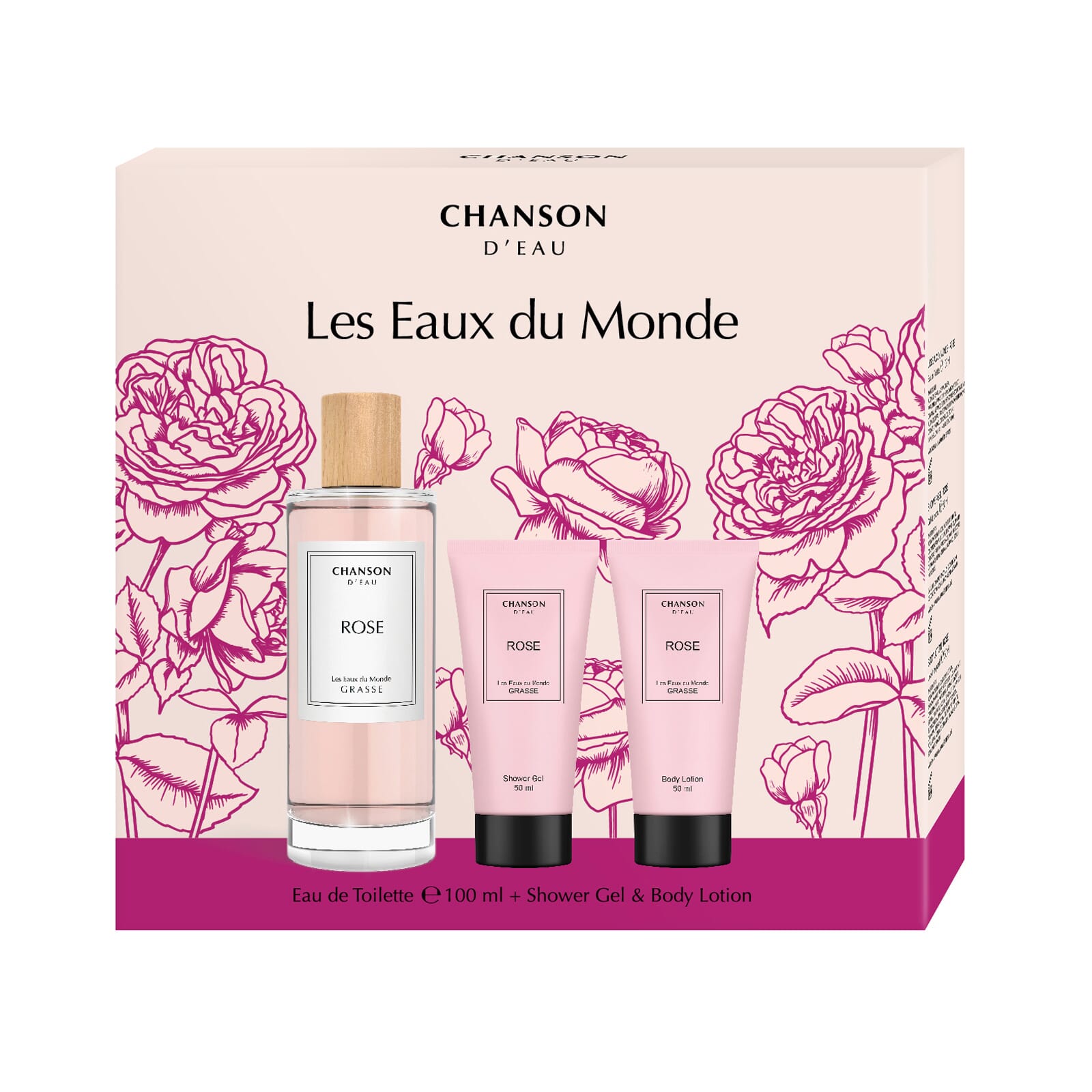 Les Eaux du Monde Rose EDT 100 ml + Gel 50 ml + Loción 50 ml Lote