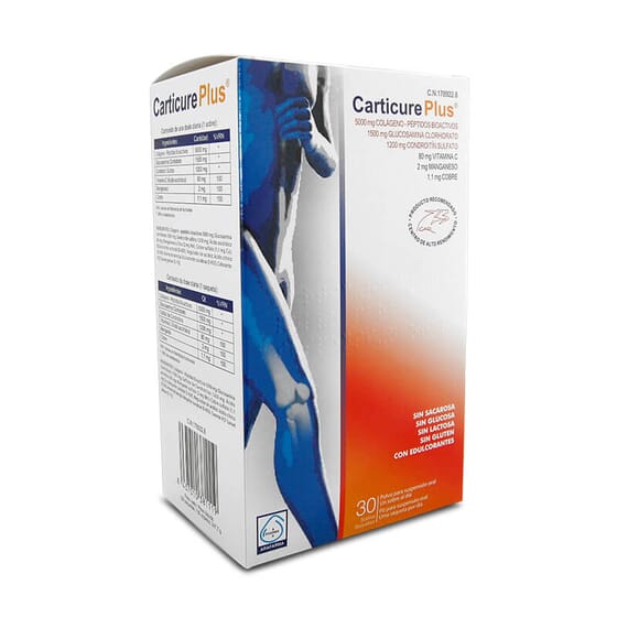 Carticure Plus contiene colágeno, glucosamina y condroitín sulfato.