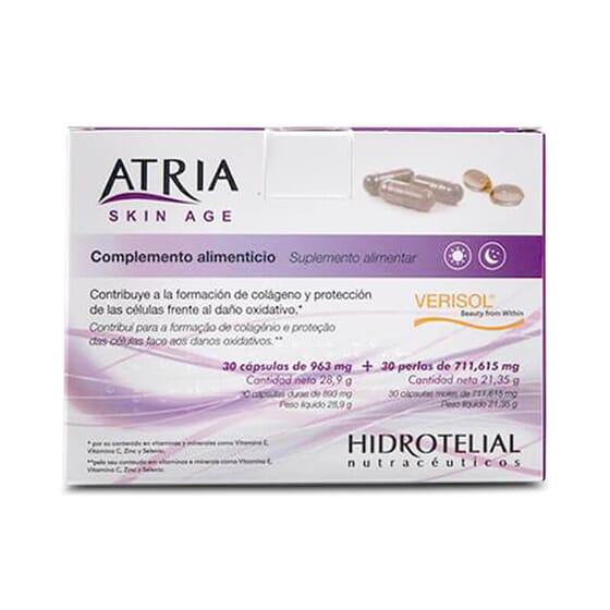 Atria Skin Age Complemento Alimentar contribui para a formação de colágeno.