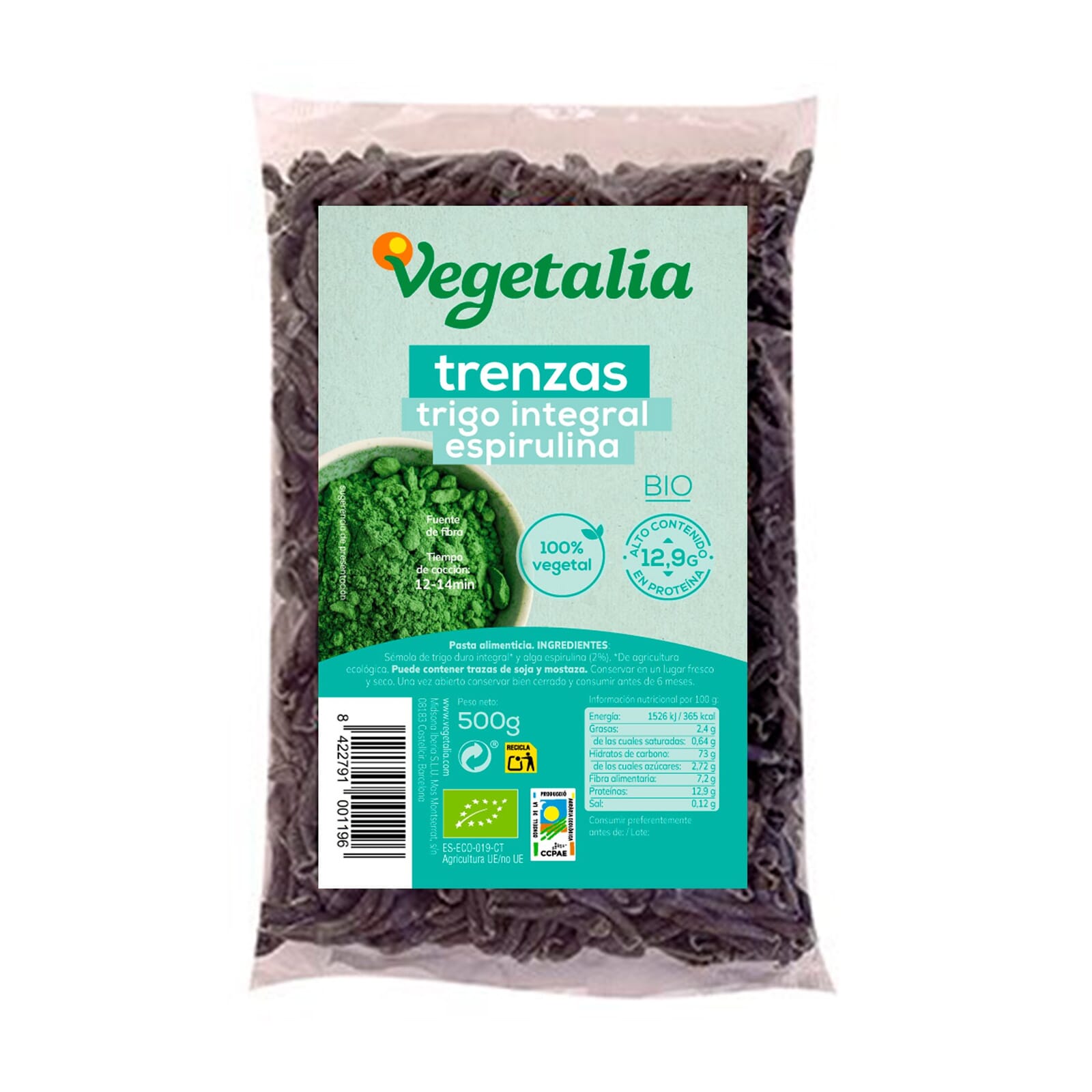 Pasta Integral De Trigo Trenzas Con Espirulina Bio 500g