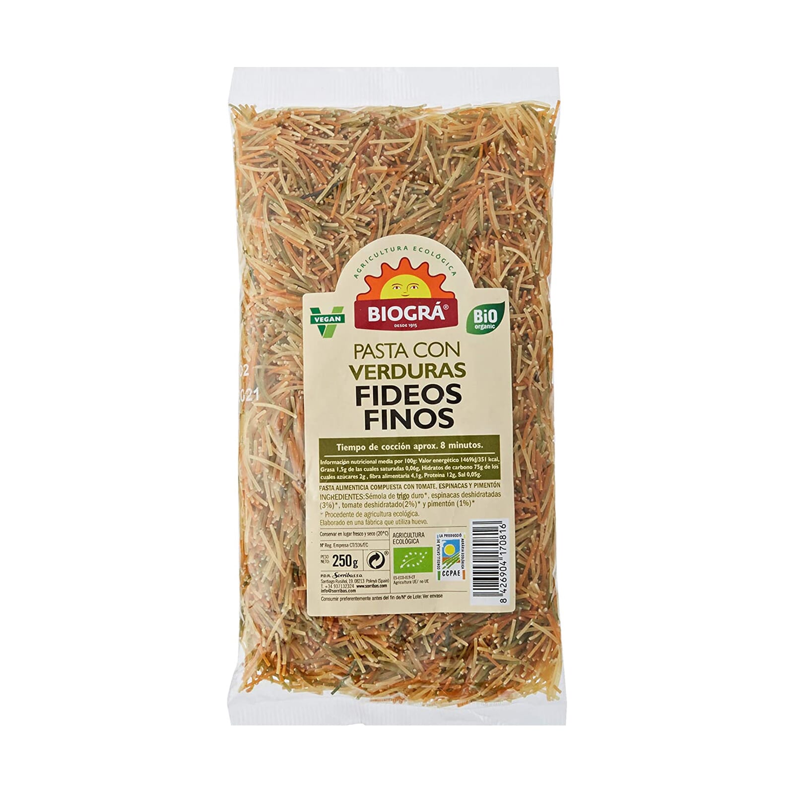 Pasta Con Verduras Fideos Finos Bio 250g