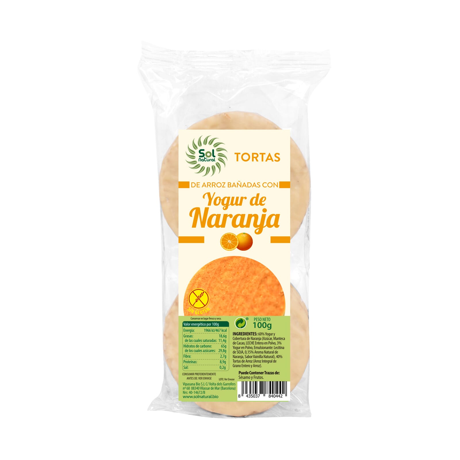 TORTITAS DE ARROZ BAÑADAS CON YOGURT DE NARANJA BIO 100g