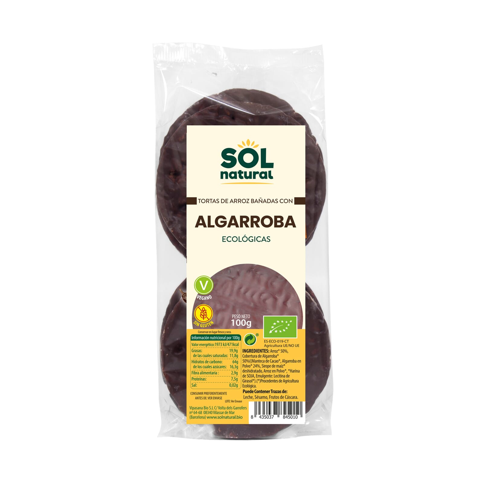 TORTITAS DE ARROZ BAÑADAS CON ALGARROBA BIO 100g