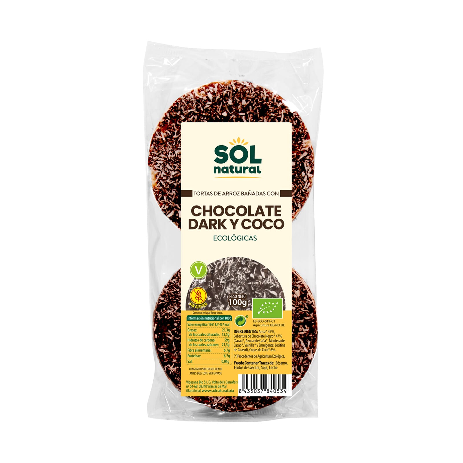 Tortitas De Arroz Bañadas Con Chocolate Negro Y Coco Bio 100g