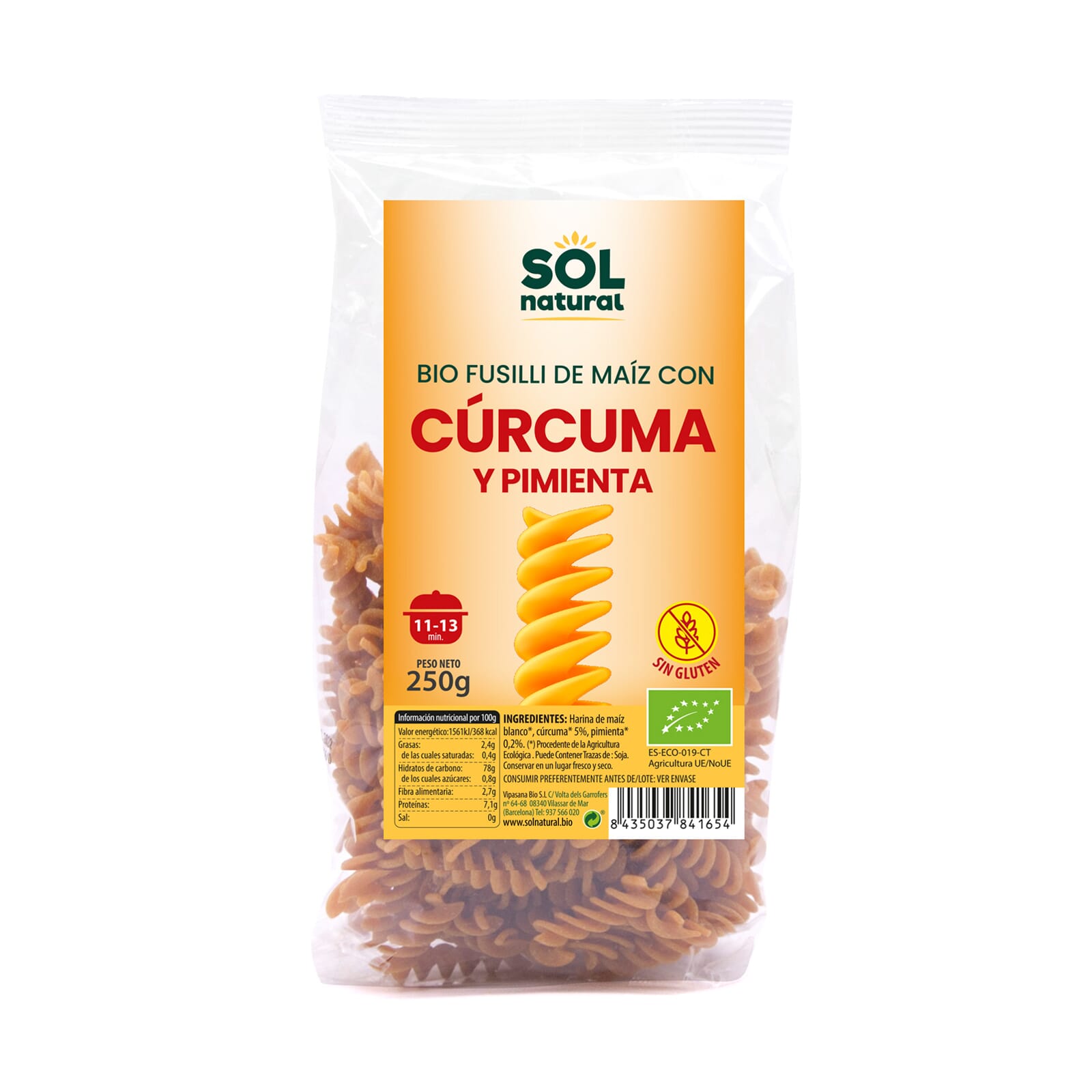 Fusilli van maïs met kurkuma en peper, glutenvrij, biologisch 250g